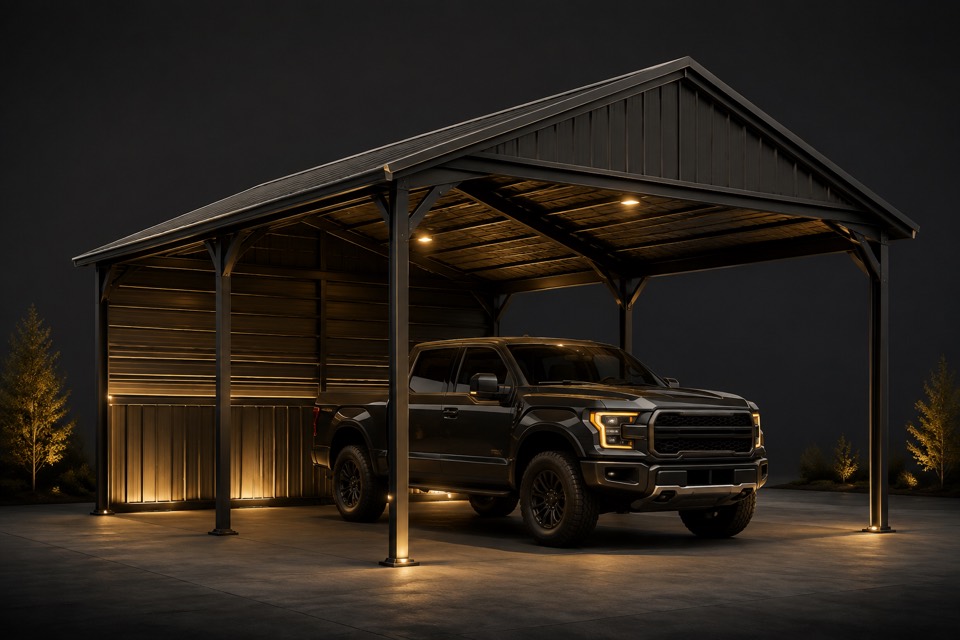 Representative illustration of a metal carport with partial side coverage