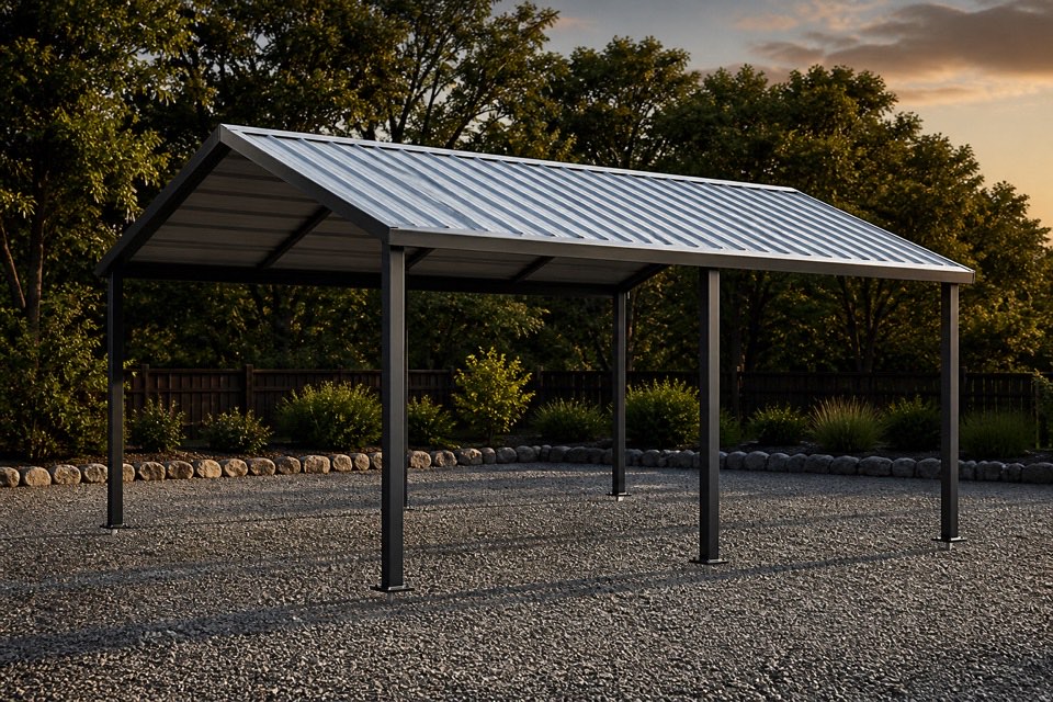 Representative illustration of a 10-by-20-foot open DIY metal carport