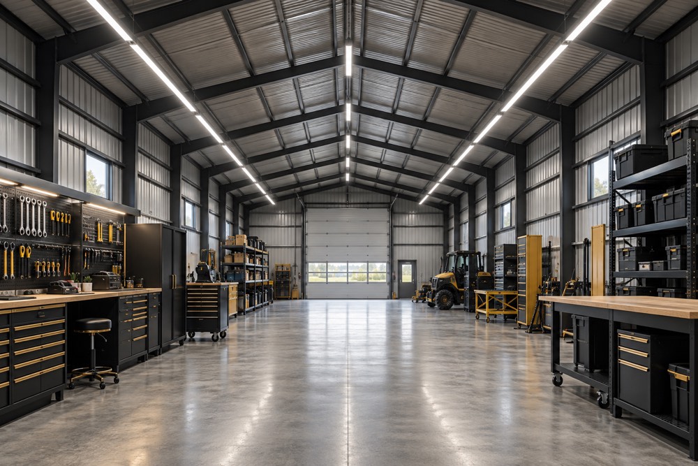 Representative long metal-building workspace illuminated by extra-long LED shop lights