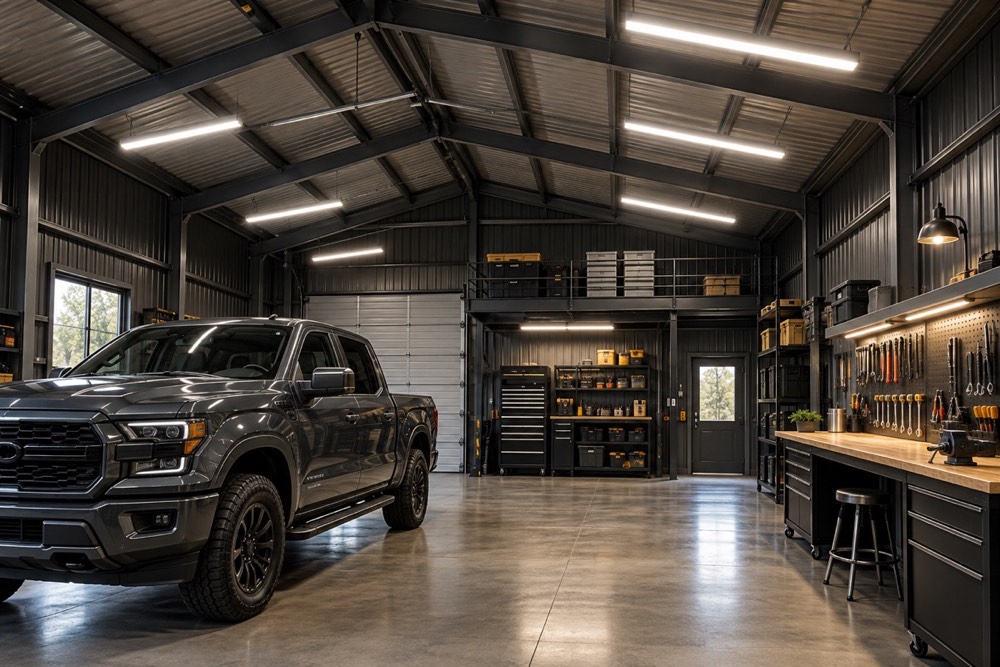 Representative garage workshop illuminated by linear LED shop lights
