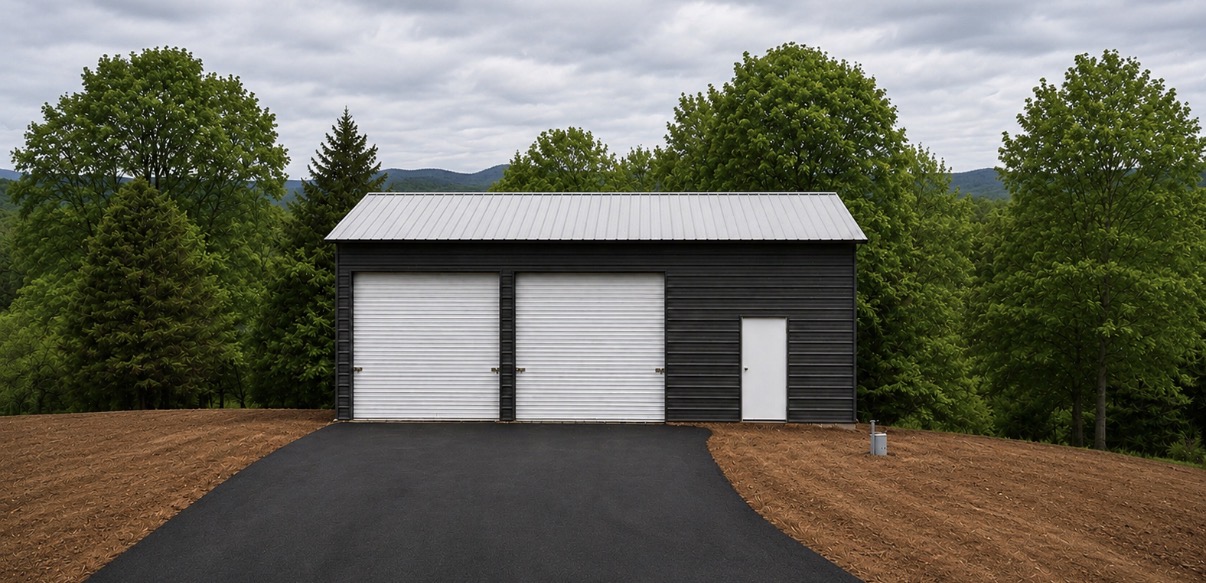 Black enclosed metal building with two garage doors