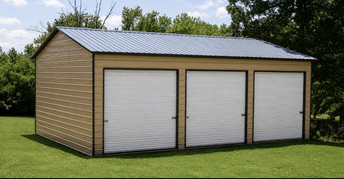 Tan triple-wide metal building