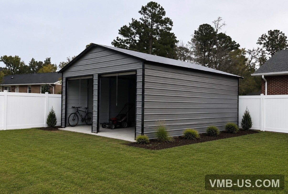 Gray double-bay metal garage exterior