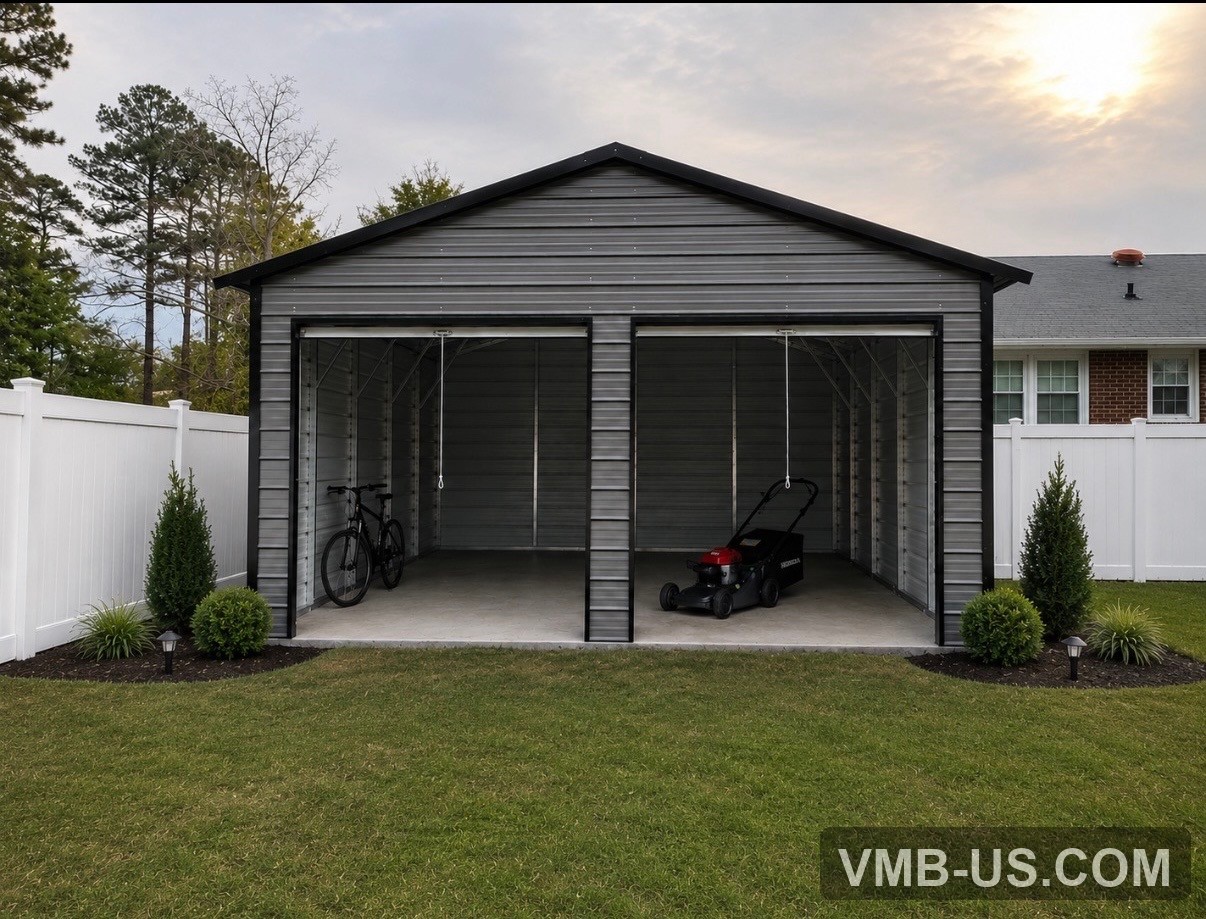 Gray double-bay metal garage with open bays