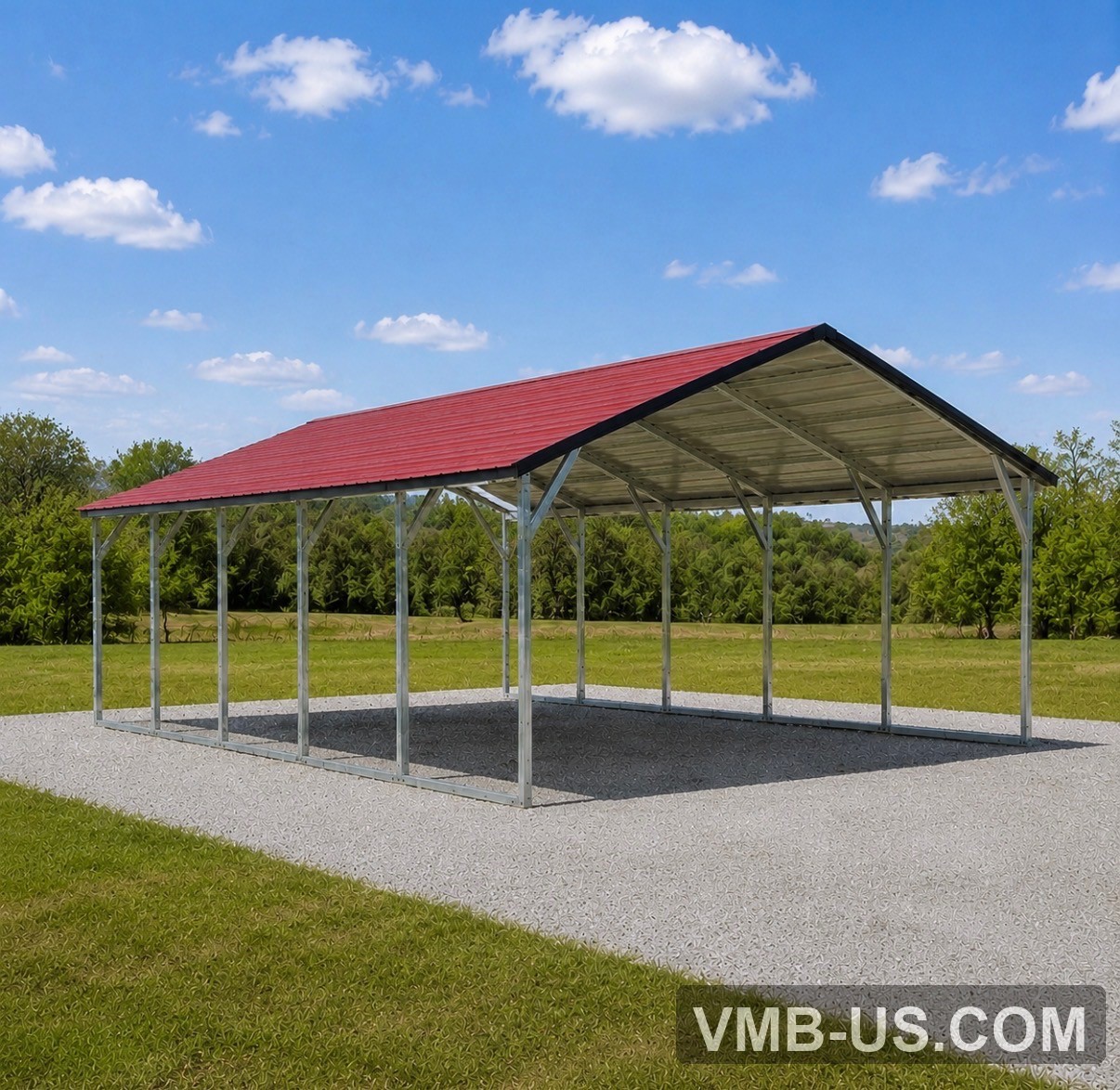 Open metal carport with a red roof